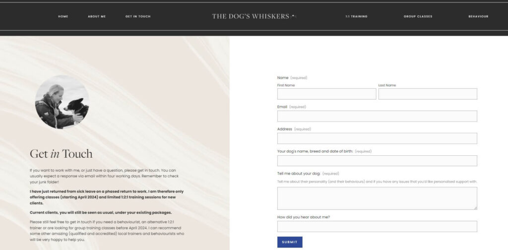 The Dogs Whiskers Contact Page example