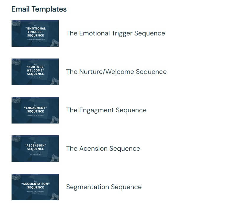 Snapshot of some email swipe files provided inside Easy Peasy Funnels 