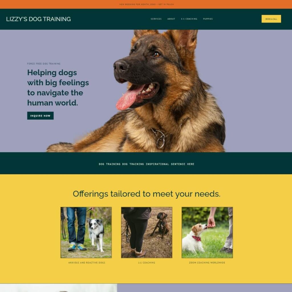 Dog trainer website homepage with Easy Peasy Funnels